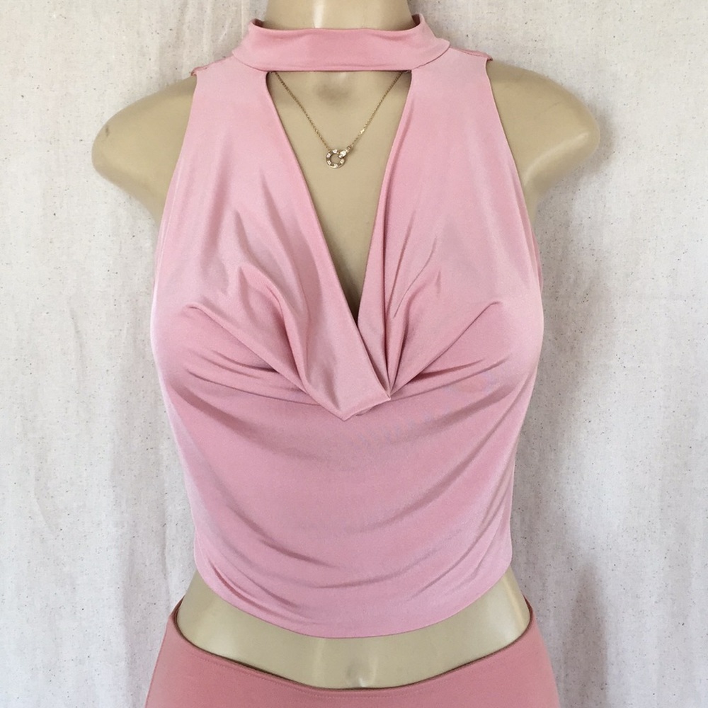 🆕 Rosé Mock Neck Crop w Open Deep-V Cowl Neck💗
